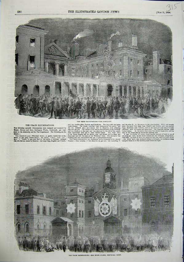 Original Old Antique Print Peace Illumination Admirality Horse Guards Whitehall