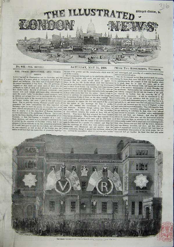 Original Old Antique Print The Peace Illuminations On Building 1856 Victorian