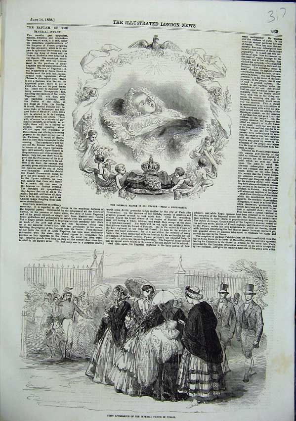 Old Antique Print Imperial Prince Cradle First Appearance In Public 1856 19th