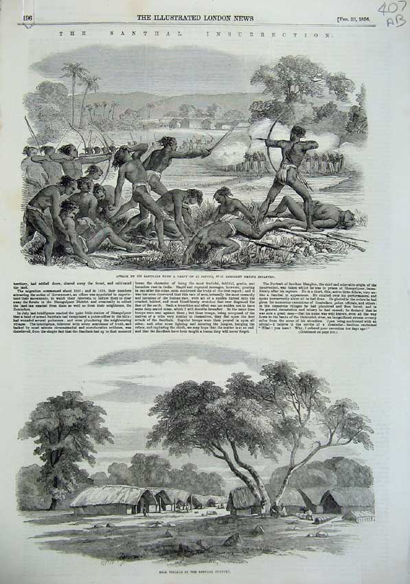 Antique Old Print *0167 Attack By Santhal Insurrection Weapon Trophy 1856