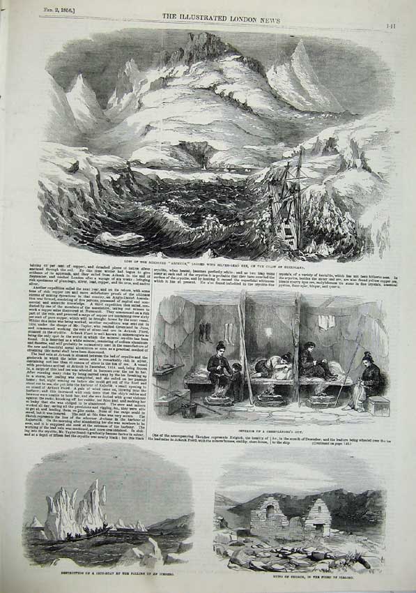Antique Print *0171 Mining Greenland Icebergs Archuus Lost Men In Hut 1856