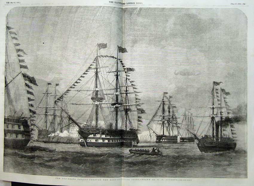 Original Old Antique Print Gun Boats Line Battle Ships Andrews Naval 1856 19th