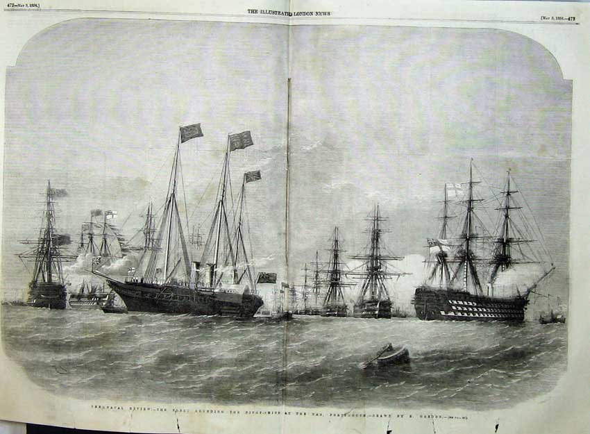 Original Old Antique Print Naval Review Fleet Pivot Ships Portsmouth 1856 19th
