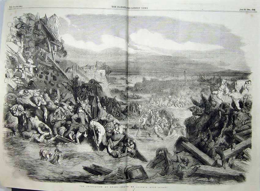 Old Antique Print Inundation Lyons Gustave Dore Scene Devastation 1856 19th