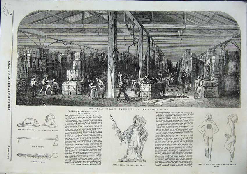 Old Antique Print Great Tobacco Warehouse London Docks Indian Pipes 1856 19th