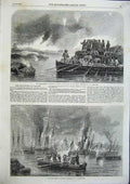 Original Old Antique Print Bombardment Sveaborg Officers Tona Miola Boats 1856