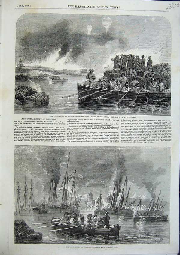 Original Old Antique Print Bombardment Sveaborg Officers Tona Miola Boats 1856