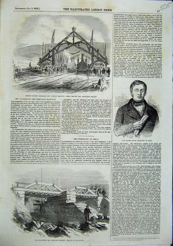 Old Antique Print Valparaiso Santiago Railway Don Manuel Montt Chili 1856 19th