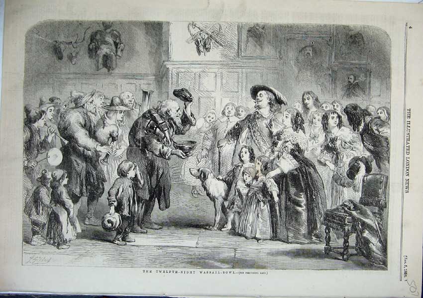 Original Old Antique Print The Twelfth Night Wassil Bowl Theatre 1856 Victorian