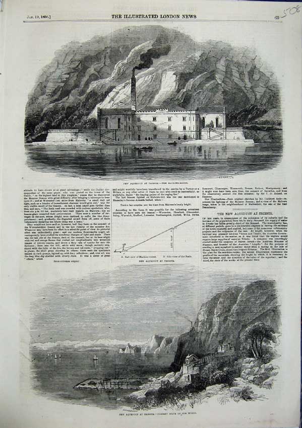 Old Antique Print New Aqueduct Trieste Machine Rooms Side View Basin 1856 19th