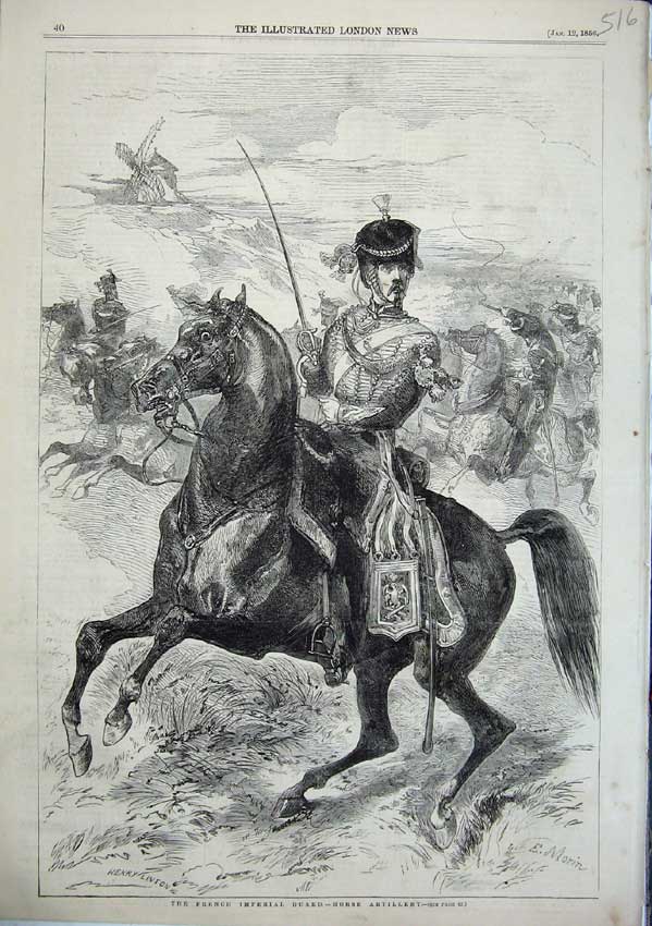 Original Old Antique Print The French Imperial Guard Horse Artillery 1856 19th