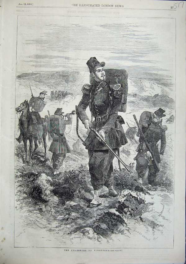 Old Antique Print The Chasseurs De Vicennes Men Carrying Rifles Trumpet