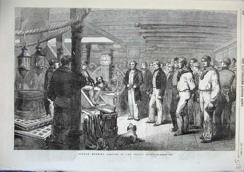 Original Old Antique Print Sailors At Sunday Morning Service Baltic Fleet 1856