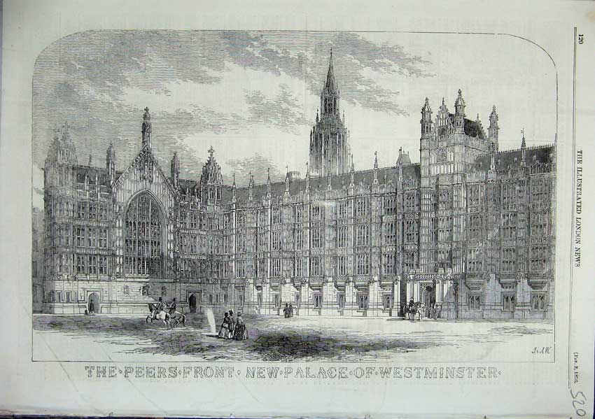 Original Old Antique Print The Peers Front New Palace Westminster 1856 19th