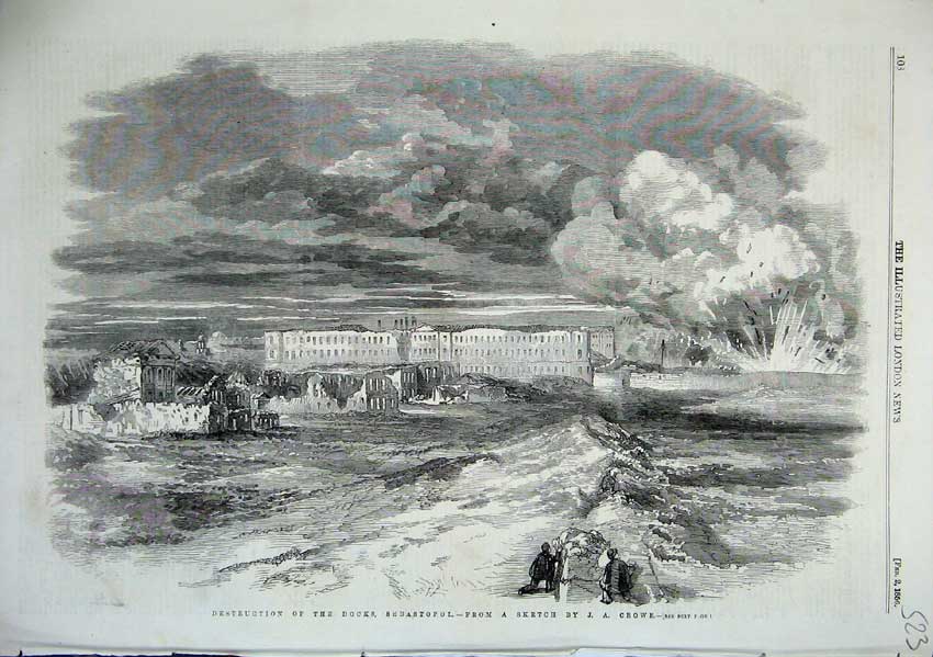 Original Old Antique Print Destruction Docks Sebastopol Crowe Bombing 1856 19th