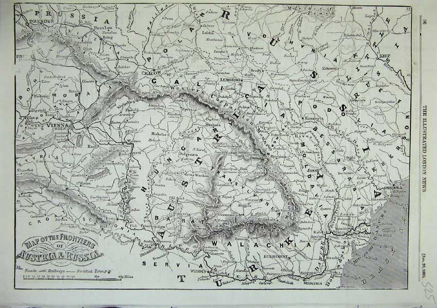 Old Antique Print Map Frontiers Austria Russia Roads Railway Towns 1856 19th