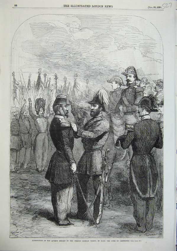 Old Antique Print French Crimea Troops Queens Medals Duke Cambridge 1856 19th