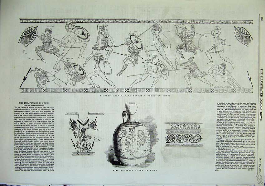 Old Antique Print Excavations In Cumze Vase Figures Patterns Pottery 1856 19th