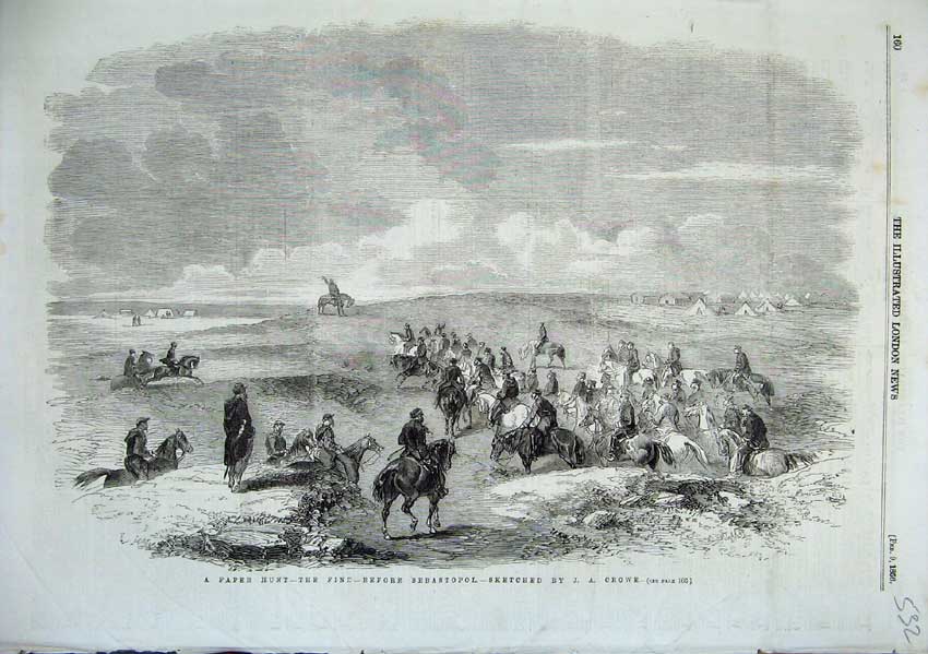Original Old Antique Print Paper Hunt 1856 The Fint Sebastopol Crowe Sketch