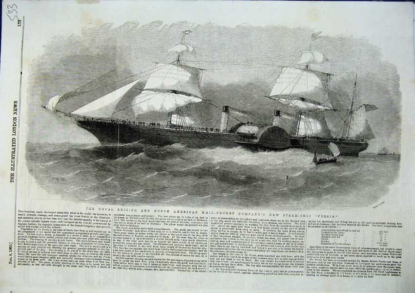 Original Old Antique Print Royal British North American Mail Packet Persia1856