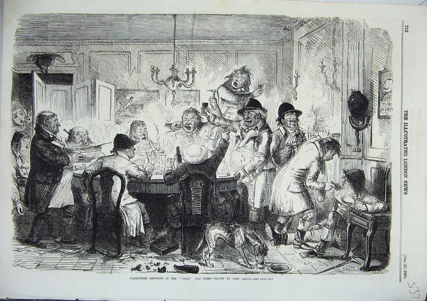 Original Old Antique Print Men Foxhunters Regaling Good Times Leech 1856 19th