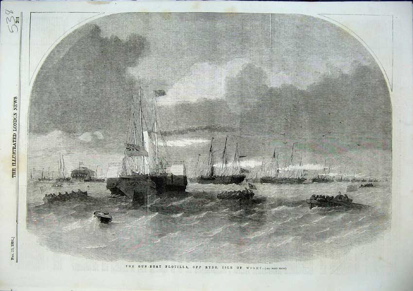 Original Old Antique Print Gun Boat Flotilla Off Ryde Isle White Ships 1856