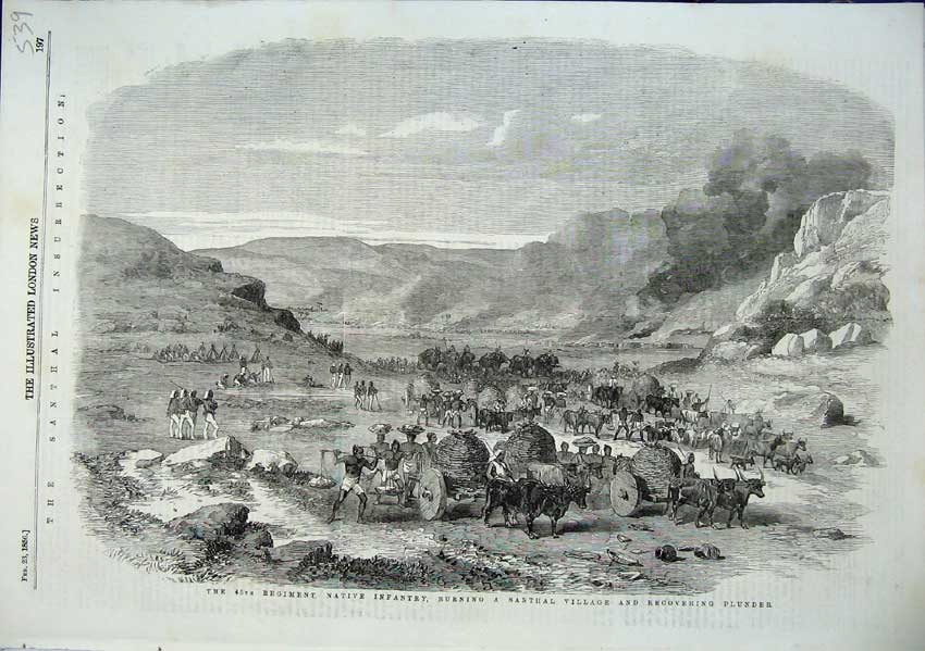 Original Old Antique Print 45Th Regiment Native Infantry Santhal Village 1856
