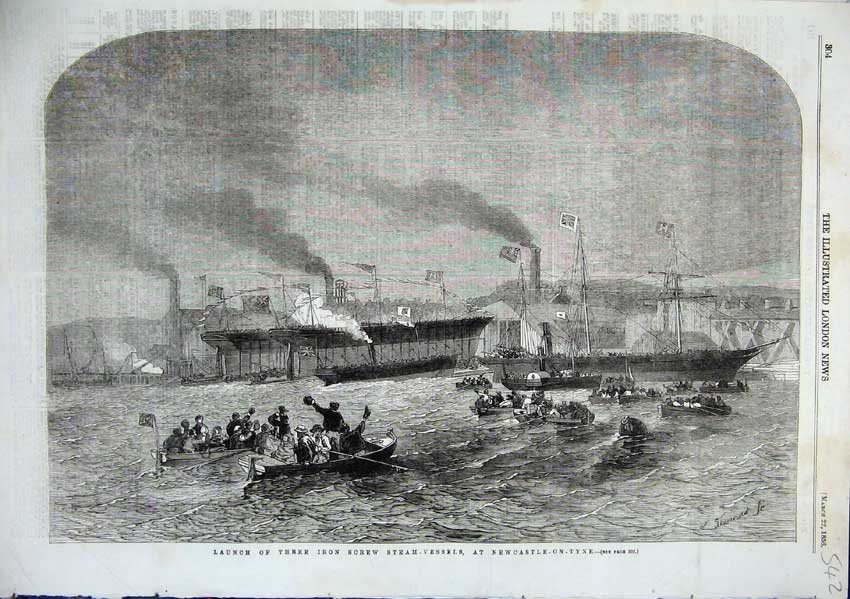 Old Antique Print Launch Three Iron Screw Vessels Newcastle On Tyne1856 19th