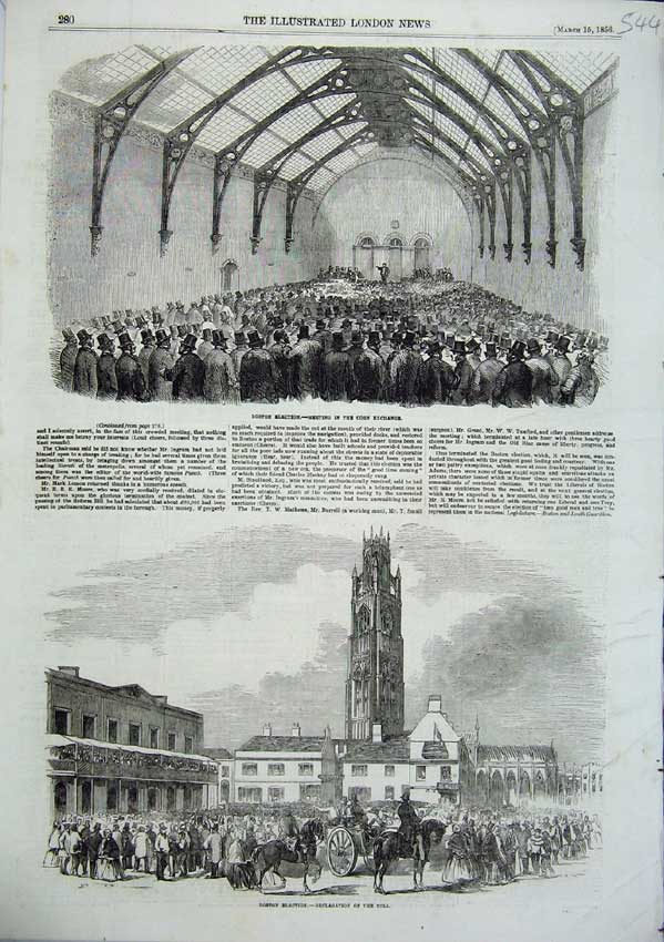 Original Old Antique Print Boston Election 1856 Corn Exchange Poll Declaration