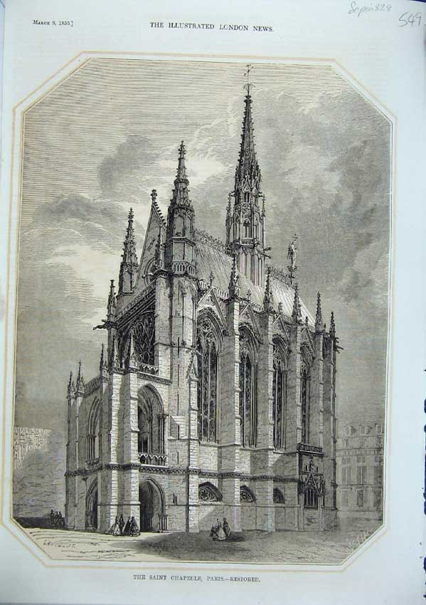 Original Old Antique Print Sepia 1856 Saint Chapelle Paris Restored Building