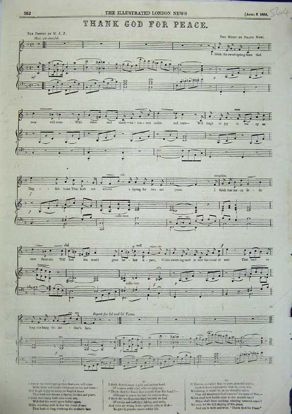 Original Old Antique Print Thank God For Peace Music Sheet Score Mori 1856 19th