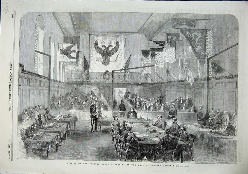 Original Old Antique Print Sitting Crimea Board Chelsea Hospital 1856 Victorian