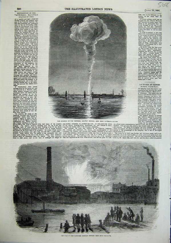 Old Antique Print Fire Burning Vauxhall Railway Station Battersea Bridge