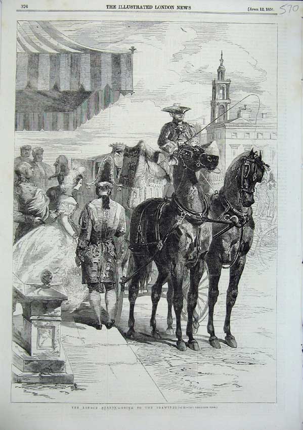 Original Old Antique Print London Season Drawing Room Lady Horse Carriage 1856