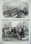 Original Old Antique Print Yarmouth Herring Fishery Boats Sale Quay Fish 1856
