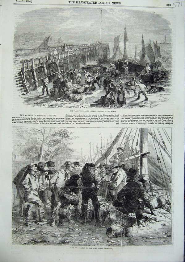 Original Old Antique Print Yarmouth Herring Fishery Boats Sale Quay Fish 1856