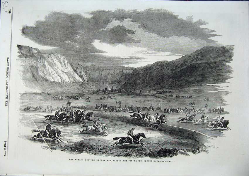 Original Old Antique Print Spring Meeting Sebastopol Horses Jockeys 1856 19th