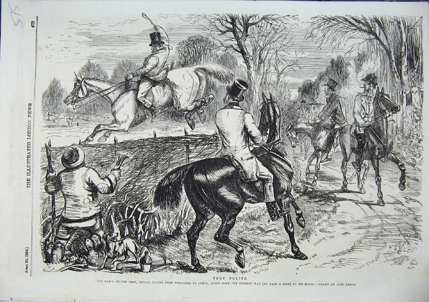 Original Old Antique Print Lunch Party On Grey Horse Hunting Scene 1856 19th