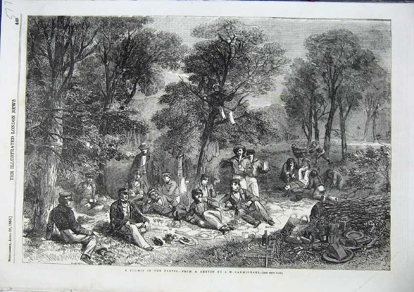 Original Old Antique Print A Picnic In The Baltic Carmicheal Sketch Men 1856