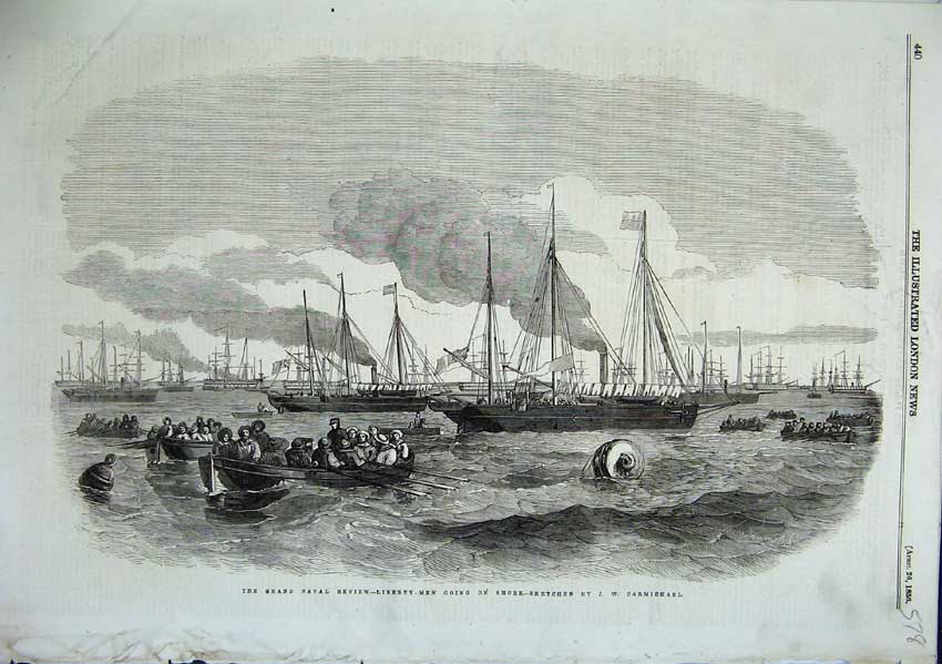 Original Old Antique Print Liberty Men Going On Shore Naval Review 1856 19th