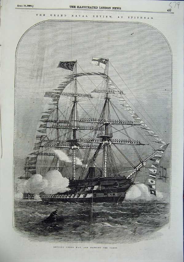 Old Antique Print Naval Review Spithead Under Way Manning The Yards 1856 19th