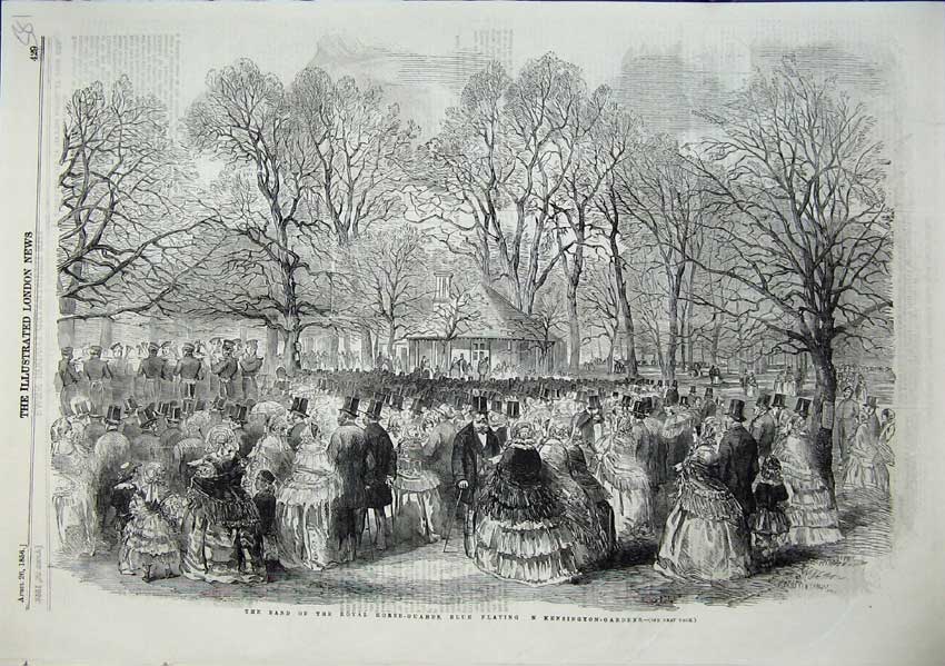 Original Old Antique Print Band Royal Horse Guards Blue Kensington Palace 1856
