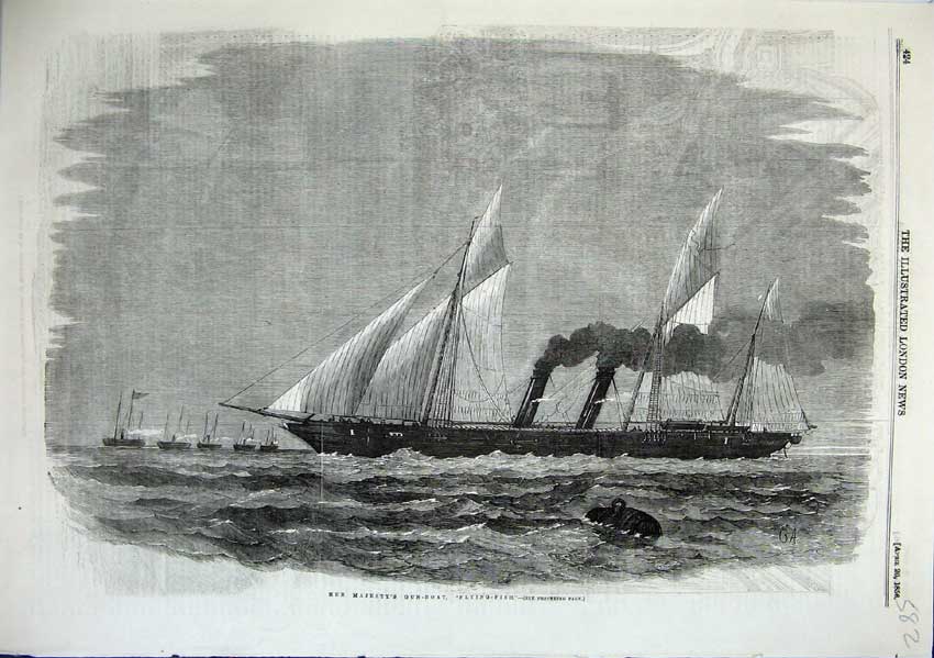 Original Old Antique Print Her Majestys Gun Boat Flying Fish 1856 Victorian