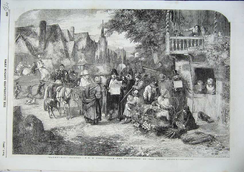 Original Old Antique Print Market Day Fine Art O'Neil Busing Scene 1856 19th