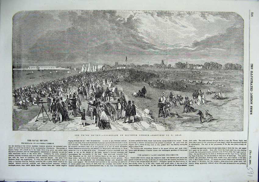 Original Old Antique Print Naval Review Southsea Common Promenade 1856 19th