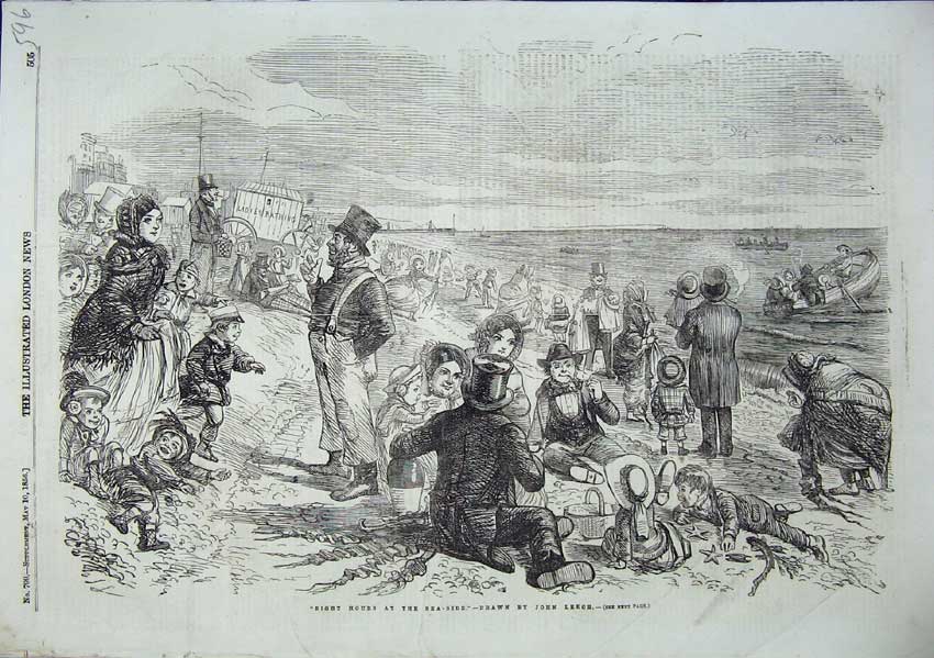 Original Old Antique Print Eight Hours At The Sea Side Leech 1856 Fine Art 19th