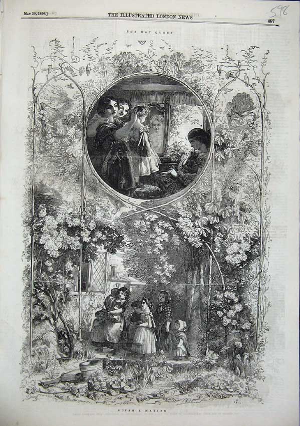 Original Old Antique Print The May Queen Going A Maying Girls Dressing Up 1856