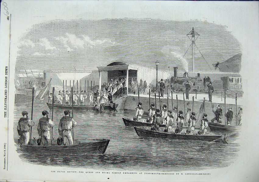 Original Old Antique Print 1856 Queen And Royal Family Embarking Portsmouth