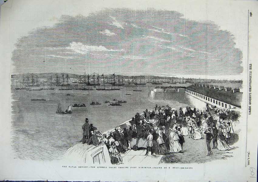 Original Old Antique Print Queens Yacht Passing Monckton Naval Review 1856 19th