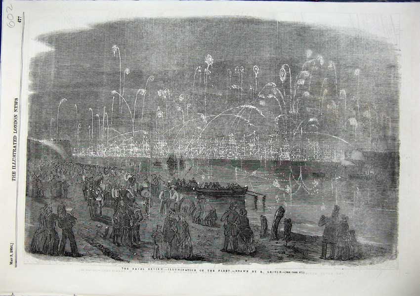 Old Antique Print 1856 Illuminations Fleet Naval Review Leitch Fireworks 19th